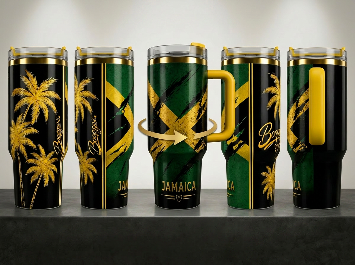 Boopsyé Jamaica Tumbler - 360 view showing Jamaica flag design with gold palm trees
