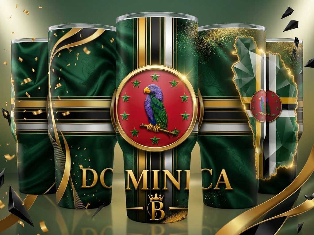 Dominica Slim Tumbler by Boopsyé — five views showing emerald green flag wrap with Sisserou parrot crest and gold accents